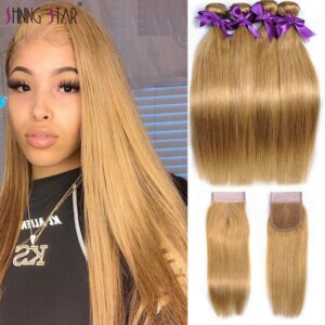 27 Brazilian Honey Blonde Bundles With Closure Straight Colored Bundles With Closure Shining Star Human Hair Remy Weave Bundles