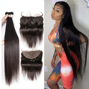 28 30 Inch Brazilian Straight Human Hair Weave Bundles With Closure 13×4 cheap Frontal With 3 4 Bundles Remy Hair