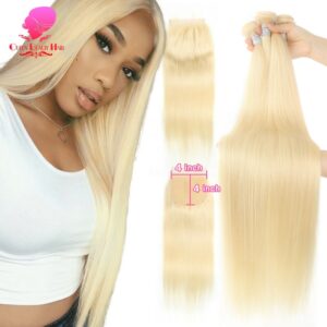 613 Honey Blonde Human Hair Straight Brazilian Hair Weave Bundles with Closure 4×4,613 Blonde Hair Deals 3 4 Bundles and Closure