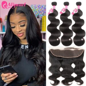 AliPearl Brazilian Body Wave 3 Bundles With Frontal Closure Brazilian Hair Weave Bundles With Frontal 13×4 Remy Hair Extension