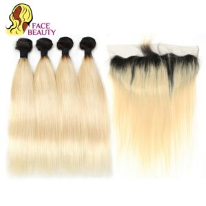 Facebeauty 1B 613 Dark Root Blonde Ombre Brazilian Remy Straight Hair 3/4 Bundle with 13×4 Lace Frontal Closure Free Middle Part