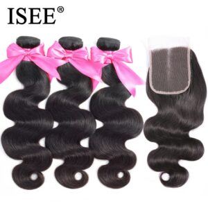 ISEE HAIR Peruvian Body Wave With Closure 100% Remy Human Hair Bundles With Closure 3 Bundles Hair With Closure Nature Color