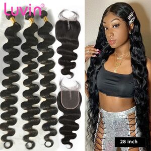 Luvin 28 30 40 inch brazilian hair weave human hair 3 4 bundles with closure body wave and Lace closure weaves free shipping