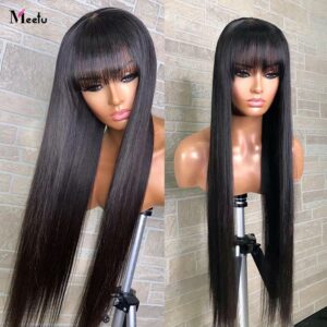 Meetu Straight Human Hair Wigs With Bangs 30 32inch Fringe Wig Colored Human Hair Wigs Ginger Burgundy Cheap Brazilian Remy Wig