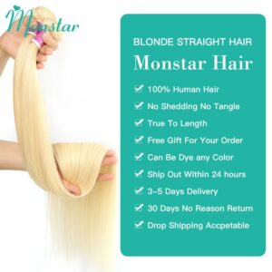 Monstar 613 Blonde Bundle with 4×4 Lace Closure Peruvian Straight Remy Human Hair 28 30 32 34 36 Inch 3 Bundles with 613 Closure