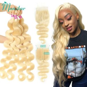 Monstar Human Hair Bundles with 4×4 Closure Brazilian Hair Weave Lace Closure with 2 3 4 Bundle Remy 613 Blonde Body Wave Bundle