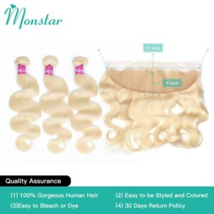 Monstar Remy Blonde Color Hair Body Wave 2/3/4 Bundles with 13×4 Ear to Ear Lace Frontal Closure Brazilian Human Blonde 613 Hair