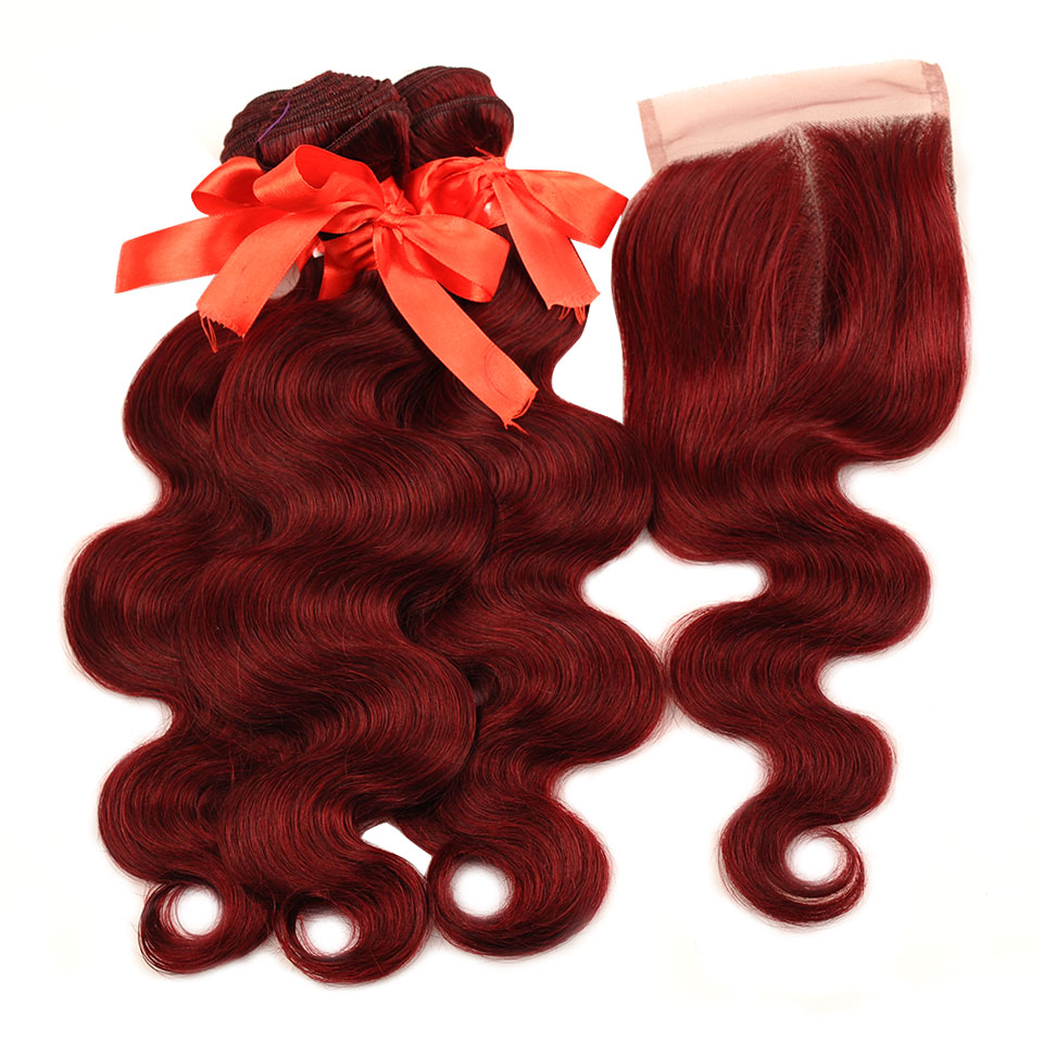 Pinshair 99J Hair Red Burgundy Bundles With Closure Brazilian Body Wave Hum...