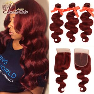Pinshair 99J Hair Red Burgundy Bundles With Closure Brazilian Body Wave Human Hair 3 Bundles With Closure Remy Hair No Tangle