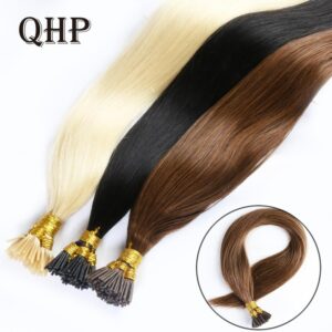 QHP Hair Straight Machine Made Remy Hair Extensions 50pcs/ Set Straight Keratin I Tip Human Hair