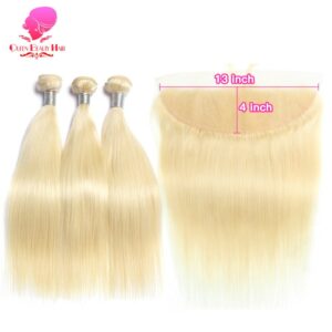 QUEEN BEAUTY 613 Blonde Straight Brazilian Hair Weave Human Hair Bundles with Closure 3PC Remy Hair and 1PC Lace Frontal Closure
