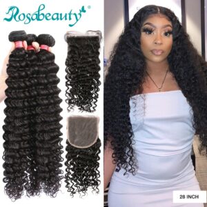 Rosabeauty 28 30 inch Deep Wave Bundles With Closure Peruvian Remy Human Hair Weaves Water Curly and 5X5 Lace Closure