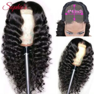 Sophies Deep Wave 4*4 Lace Closure Human Hair Wigs For Black Women Pre Plucked Hairline With Baby Hair Brazilian Non-Remy Hair