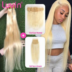 Straight 28 30 32 34 40 Inch Brazilian Remy Human Hair Weave 613 Blonde 3 4 Bundles With13x4 HD Transparent Lace Frontal Closure