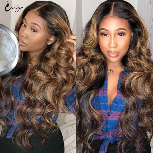 Uwigs 427 Highlight Wig Brazilian Body Wave Wig Highlight Lace Front Human Hair Wigs Honey 
