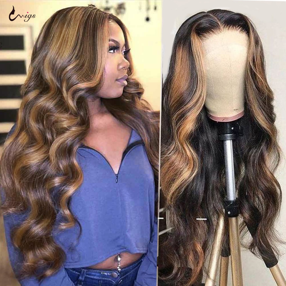 Uwigs 427 Highlight Wig Brazilian Body Wave Wig Highlight Lace Front Human Hair Wigs Honey 