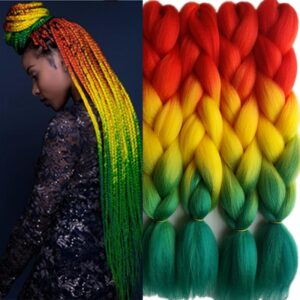 Pervado Hair 1pc 24″ 100G/PC Ombre Jumbo Braids Crochet Hair Synthetic Braiding Hair Extension Yaki Bulk Red Green Rasta Color