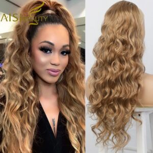 AISI BEAUTY Brown Long Body Wave Ponytail Extension Synthetic Drawstring Ponytail Clip in Hair Extensions for Women Black Blonde