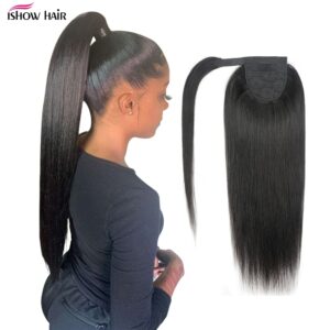 Ishow Long Ponytail Human Hair Straight Wrap Around Clip In Ponytail Hair Extensions Brazilian Straight Ponytails For Women
