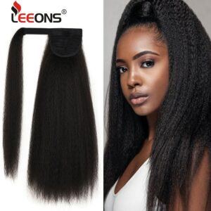 Leeons 22 Inch Drawstring Ponytail Hair Extension Clip Synthetic Afro Kinky Straight Ponytail Hairpieces With Elastic Band Comb
