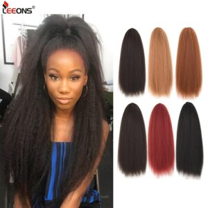 Leeons 22 Inch Drawstring Ponytail Hair Extension Clip Synthetic Afro Kinky Straight Ponytail Hairpieces With Elastic Band Comb