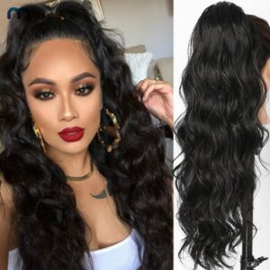 Long Wavy Ponytail Human Hair Drawstring Clip in Hairpiece Black Wave Extension African American Pony Tail Body Wave for Women